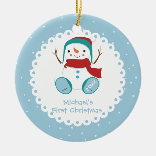 Snowman Boy Personalized Baby's First Kerstmis Keramisch Ornament (Voorkant)