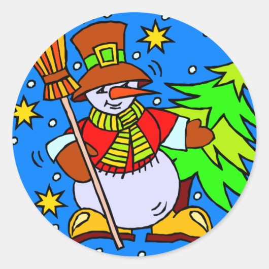 Snowman Broom kerstboom Ronde Sticker (Voorkant)