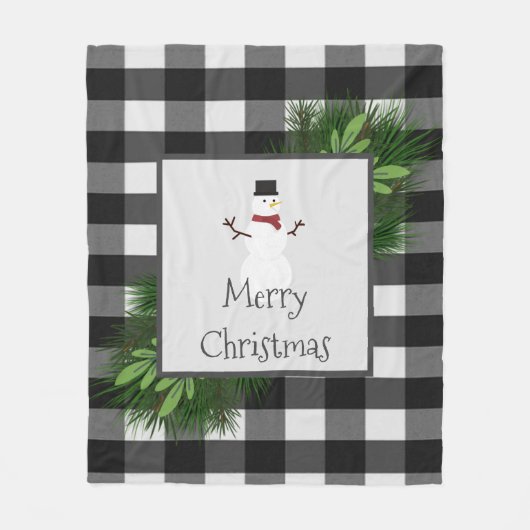 Snowman Buffalo Plaid | Zwart wit fleece deken (Voorkant)