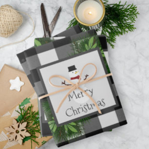 Snowman Buffalo Plaid Zwart-Wit Inpakpapier Vel