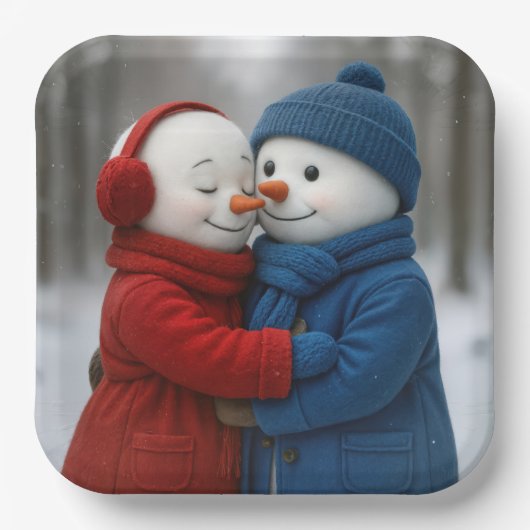 Snowman Couple Hugging in Winter Forest Papieren Bordje (Voorkant)