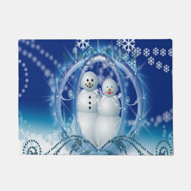 Snowman Couple Winter Weddenschap Kerstmis Deurmat (Voorkant)