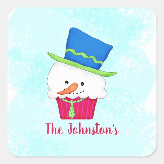 Snowman Cupcake Name Personalized Dessert Party Vierkante Sticker (Voorkant)