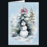 Snowman dans la forêt avec Red JOY<br><div class="desc">Une belle image d'un bonhomme de neige dans la forêt avec une JOIE rouge vif qui vous tend la main. Le tout sur un arrière - plan d'aquarelle bleu. A l'intérieur,  HAPPY HOLIDAYS en rouge et Best Wives pour le Nouvel An en noir</div>