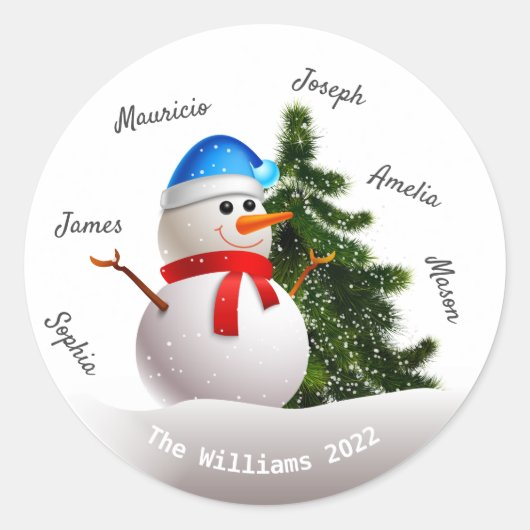 Snowman de Noël avec nom de famille Sticker rond (Devant)