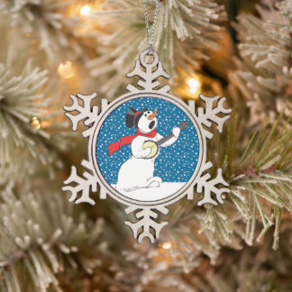 Snowman die een Banjo speelt Tin Sneeuwvlok Ornament
