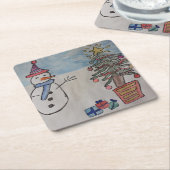 Snowman en kerstboom vierkante kartonnen onderzetter (Schuin)