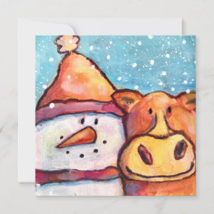 Snowman en Koe Flat Holiday Card Feestdagenkaart