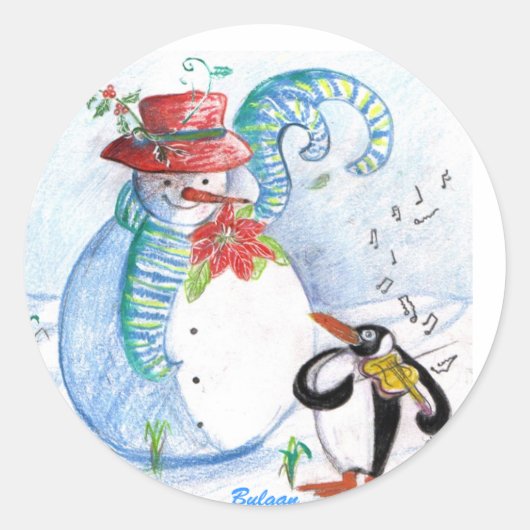 SNOWMAN EN PENGUIN WINTERSERENADE RONDE STICKER (Voorkant)