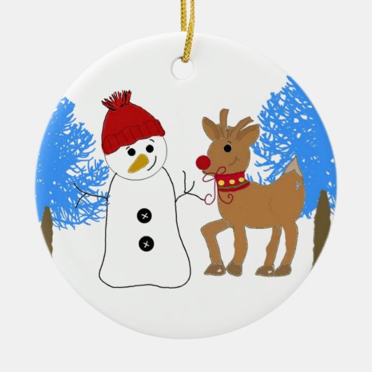 Snowman en rendier in het bos keramisch ornament (Voorkant)