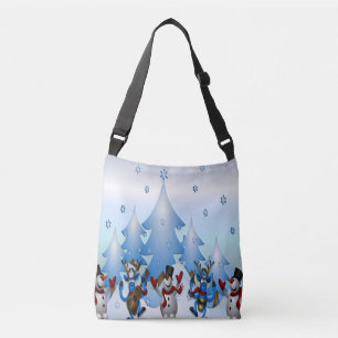 Snowman en rendieren die dansen onder bomen crossbody tas