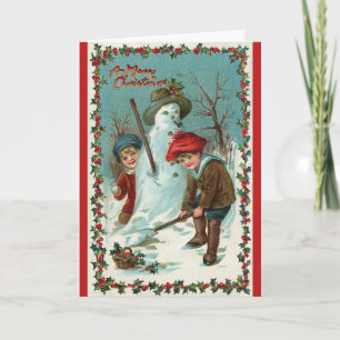 Snowman en Snowball Vintage-kerstkaart Feestdagen Kaart