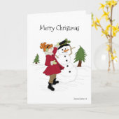 Snowman et petite fille sur une carte rouge (Fleur jaune)