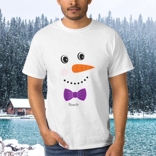 Snowman Face Paarse Bowtie naam toevoegen T-shirt