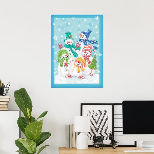 Snowman-familie in de sneeuw poster (Thuiskantoor)