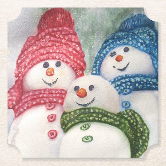 Snowman Familie Kartonnen Onderzetters (Voorkant)