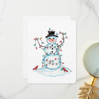 Snowman Flat Card, Fun Festive Snowman met licht Bedankkaart