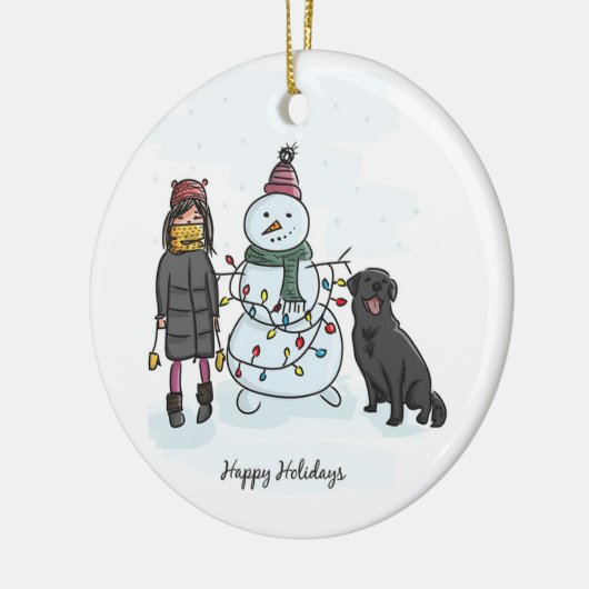 Snowman, Girl en Dog Keramisch Ornament (Links)