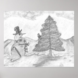 Snowman Grayscale Pencil tekenende kerst Poster