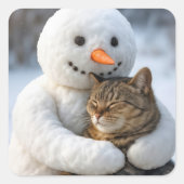 Snowman Hugging a Tabby Cat Vierkante Sticker (Voorkant)