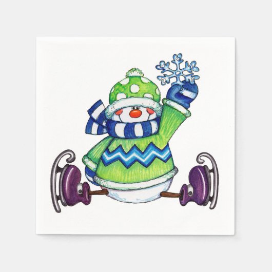 Snowman Ice Skating - Papier Napkins Servetten (Voorkant)
