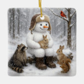 Snowman In Winter Woods With Animal Friends Keramisch Ornament (Voorkant)