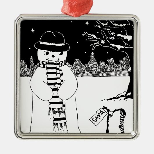 snowman in zwart-wit , leuk glimlachend metalen ornament (Voorkant)