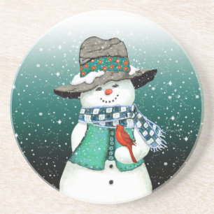 Snowman lachen, Kardinaal in een Snowstorm Onderze Zandsteen Onderzetter