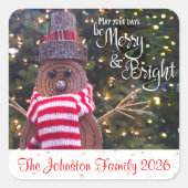 Snowman Merry en Bright Rustic Custom Name Schatti Vierkante Sticker (Voorkant)