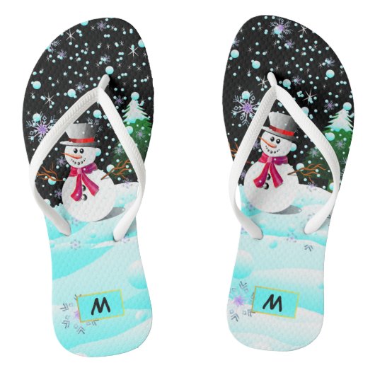 Snowman "Merry Kerstmis" gepersonaliseerd monogram Teenslippers (Voetbed)
