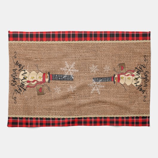 Snowman Merry Kerstmis met Pset en Burlap Theedoek (Horizontaal)