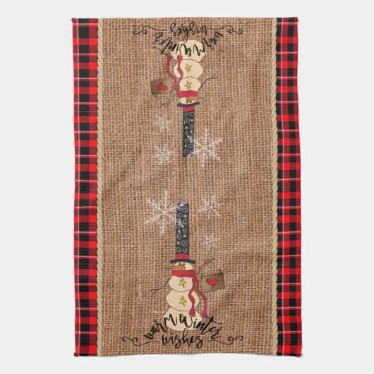Snowman Merry Kerstmis met Pset en Burlap Theedoek (Verticaal)