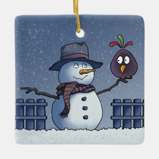Snowman met Bird Keramisch Ornament (Voorkant)