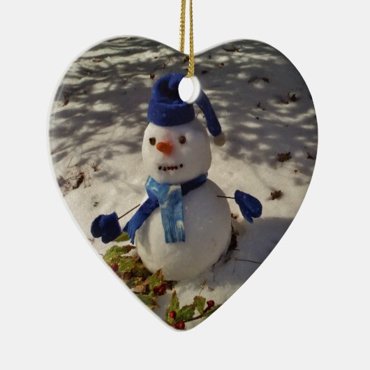 Snowman met blauw Pet en Scarf Keramisch Ornament (Rechts)