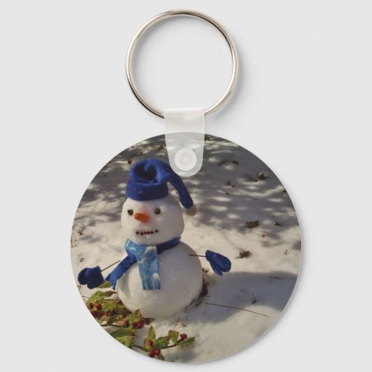 Snowman met blauw Pet en Scarf Sleutelhanger (Voorkant)