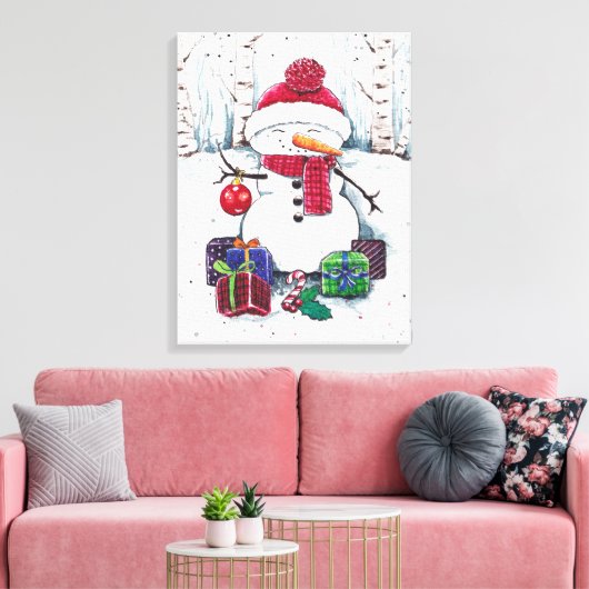 Snowman met cadeaus in Waterverf Canvas Afdruk (Insitu (Woonkamer))