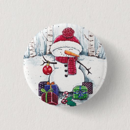 Snowman met cadeaus in Waterverf Ronde Button 3,2 Cm (Voorkant)