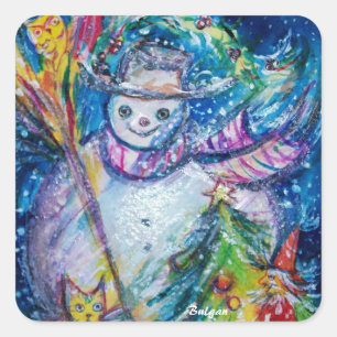 SNOWMAN MET CHRISTMAS TREE EN TOYS IN WINTER VIERKANTE STICKER
