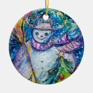 SNOWMAN MET CHRISTMAS TREE EN TOYS KERAMISCH ORNAMENT