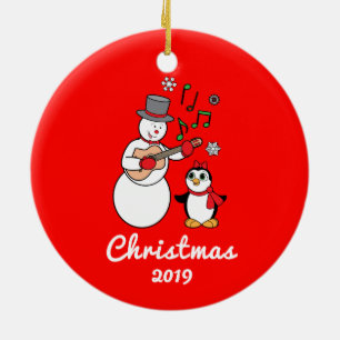 Snowman met Guitar en Penguin  jaar Keramisch Ornament