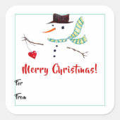 Snowman met kerstcadeaulabel met hart en ziel vierkante sticker (Voorkant)