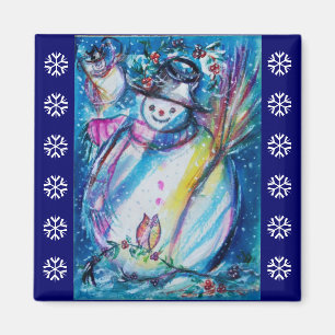 SNOWMAN MET OWL/Blue White Snowflakes Magneet