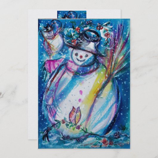 SNOWMAN MET OWL, Eve Party Ice Metallic New Year Kaart (Voorkant / Achterkant)