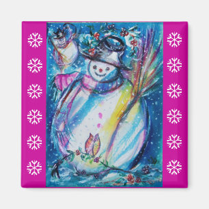 SNOWMAN MET OWL/Paarse witte sneeuwvlokken Magneet