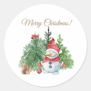Snowman met prettige kerst, eekhoorn, kardinaal ronde sticker