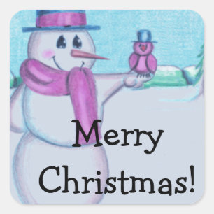 Snowman met Red Bird Folk Art Tekening Vierkante Sticker