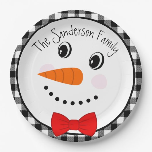 Snowman met Red Bowtie Black Buffalo Pset Trim Papieren Bordje (Voorkant)