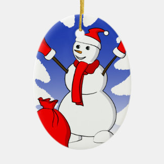 Snowman met rode handschoenen en sneeuwvlokken keramisch ornament
