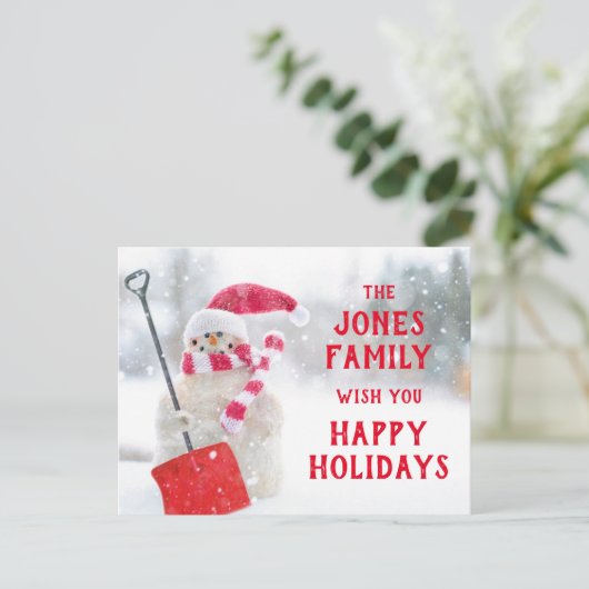 Snowman met schoppen briefkaart (Staand voorkant)