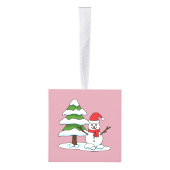 Snowman met Snowy Pine Tree Kubus Ornament (Rechts)